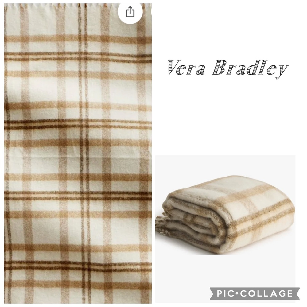 Vera Bradley NWT Wool Blend Woven Throw Blanket Cream Gold Plaid 50x70